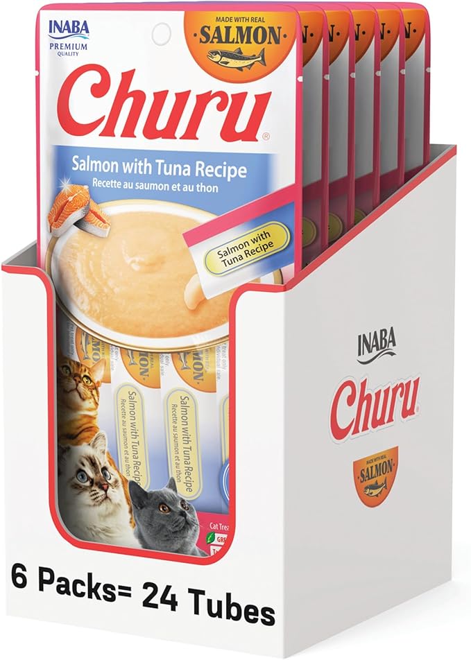 INABA Salmon Churu Cat Treats, Lickable, Squeezable Creamy Purée Cat Treat with Green Tea Extract & Taurine, 0.5 Ounces Each Tube, 24 Tubes (4 per Pack), Salmon with Tuna Recipe