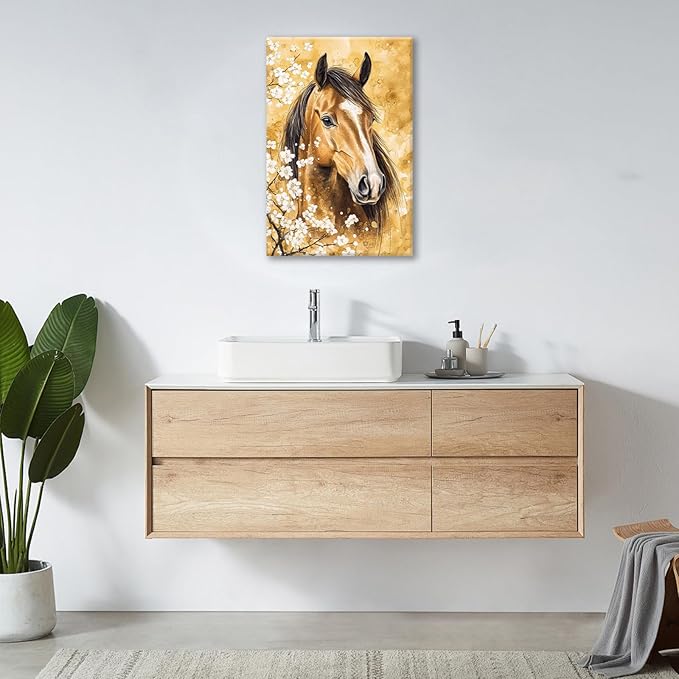 Horse Wall Art Canvas Rustic Horse Wall Decor Prints Framed Painting Farmhouse Flower Pictures Gifts Artwork for Bathroom Living Dining 16"x24"