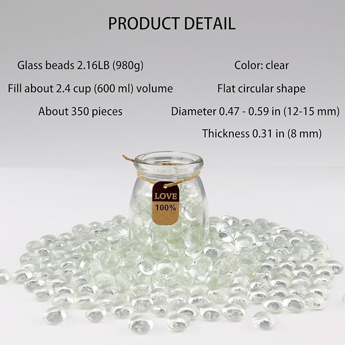 2.16LB Glass Beads Vase Filler Aquarium Gravel Decor Flat Glass Marbles Gems Pebbles Fish Tank Rocks Home Decorative Art Craft - Clear
