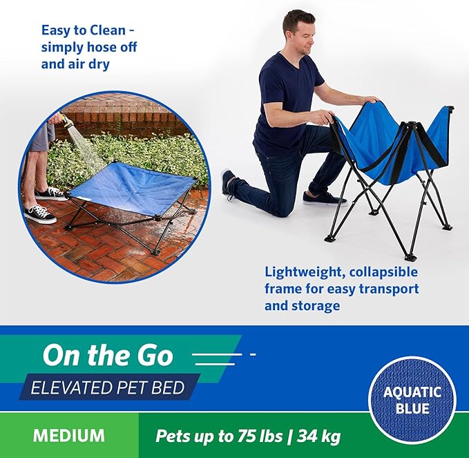Coolaroo On-The-Go Elevated Dog Bed - Foldable Pop-Up Travel Dog Bed with Breathable, Moisture-Resistant Fabric, Carry Bag Included, Lightweight & Portable, Aquatic Blue, Medium
