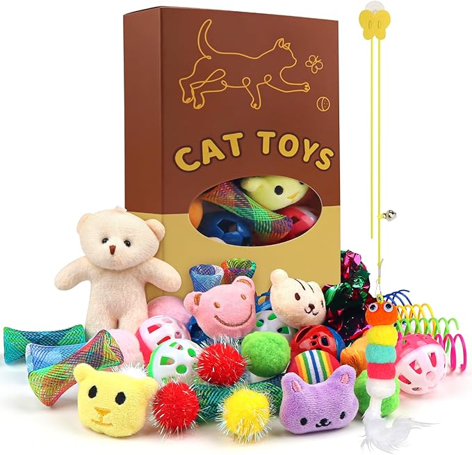 Kitten Toys - 38PCS Cat Play Set, Sparkle Balls, Plush Pom Pom Balls, Hanging Door Toy, Gift Box Styles
