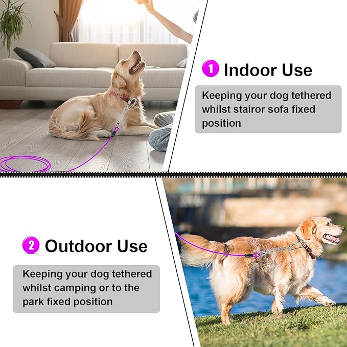 Jenico Dog Tie Out Cable, 10/15/20/30/40/50/70/100/150FT Runner Cable with Swivel Hook and Shock Spring, Outdoor and Camping Dog Leash Run Tether for Small to Medium Pets Up to 500 LBS