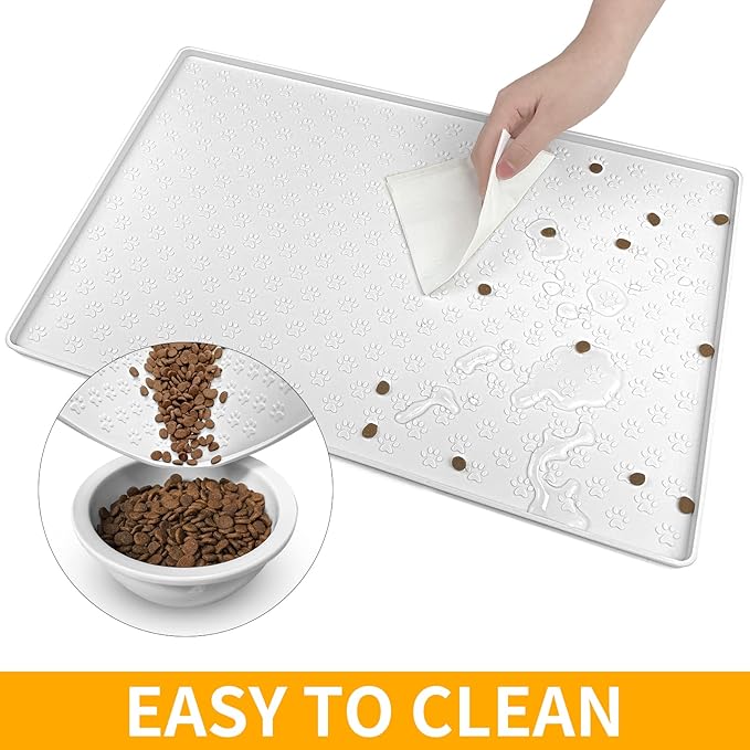 Ptlom Pet Placemat for Dog and Cat, Waterproof Silicone Pet Feeding Bowl Mats for Food and Water, Small Medium Large Dogs Mat Prevent Residues from Spilling to Floor, White, 31.5" 23.6"