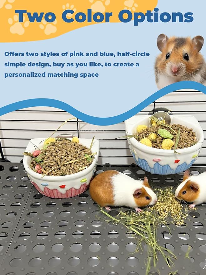 Chinchilla Food Bowl Ceramic Guinea Pig Cage Feeder Hanging Bunny Food Dish Small Animal Feeding Bowls for Syrian Hamster Ferret Gerbils (Blue)