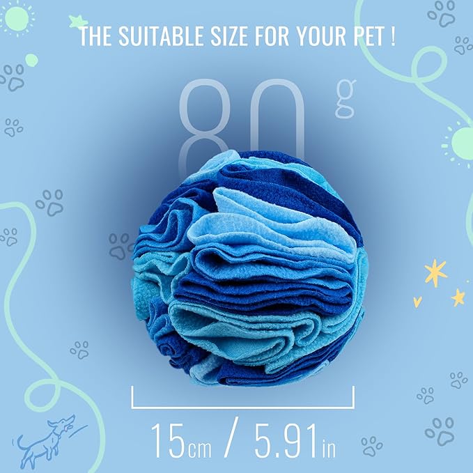 Pet Snuffle Ball, Puzzle Sniffing Interactive Dog Ball for Blind Dogs Training Stress Relief Dog Enrichment Toys Treat Machine Washable (15cm, Ocean Blue)