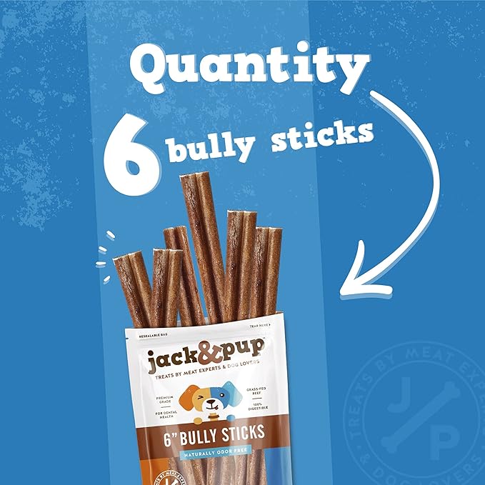 Jack&Pup 6-inch Jumbo Bully Sticks (6 Pack) Single Ingredient, Extra Thick Pizzle Sticks for Dogs | Longest Lasting Bully Sticks for Medium to Large Dogs