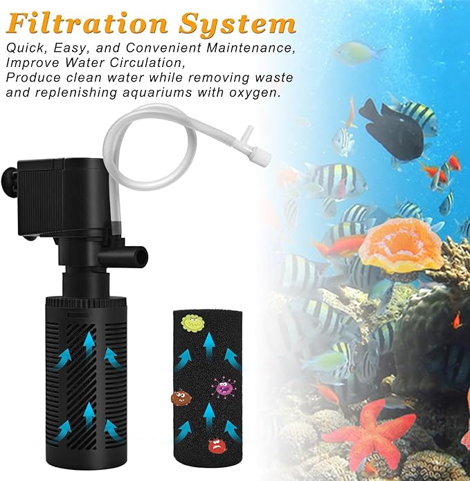DOMICA Small Aquarium Filter with Aeration System 92GPH 5W Internal Filter for 3 to 10 Gallons Fish Tank, Submersible Fish Tank Filter with 4-pack Pre-filter Sponge