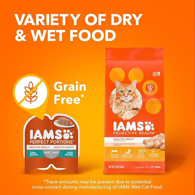 IAMS Perfect Portions Healthy Adult Grain Free Wet Cat Food Pate, Chicken Recipe, 2.6 oz. Easy Peel Twin-Pack Trays (24 Count, 48 Servings)