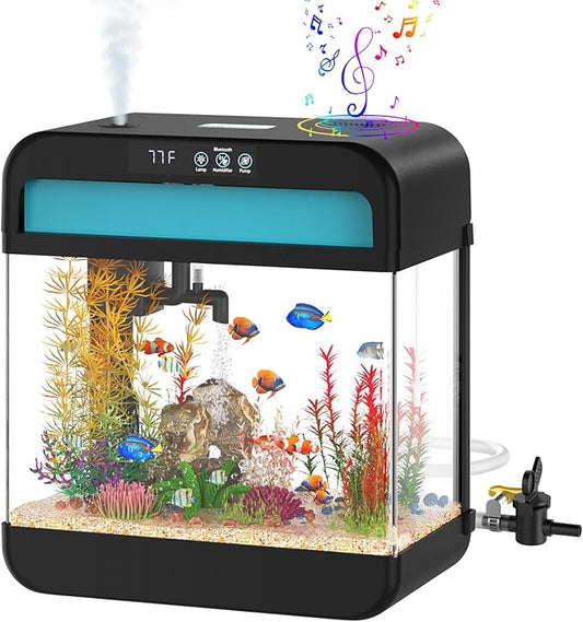 Fish Tank 2.2 Gallon Fish Aquarium with Music Humidifier 7 Color Auto-Looping Light Adjustable Water Pump with Filtration & Aeration & Circulation, Temperature Display, Bottom Water Changer