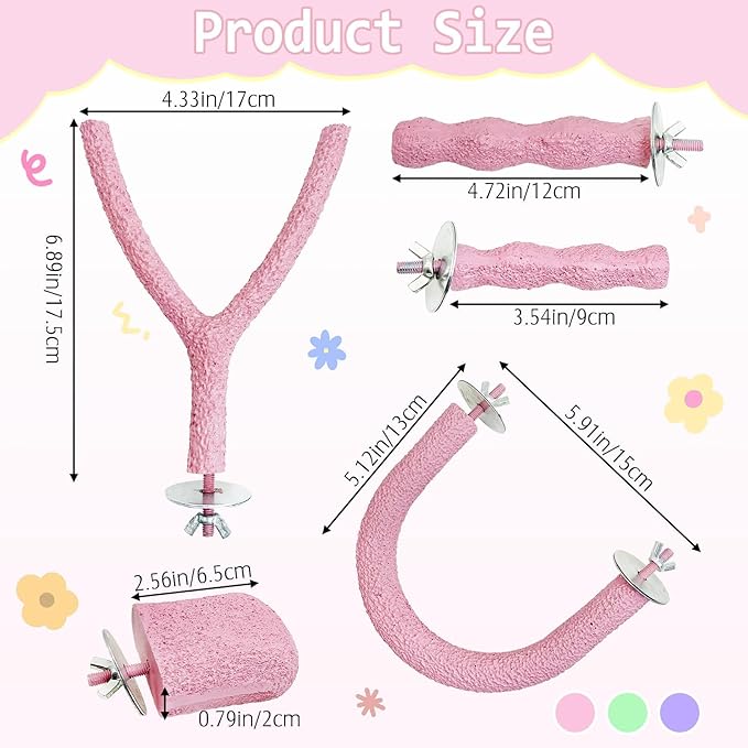 PINVNBY 5 Pack Bird Perch Resin Bird Beak Grinding Stone Parrot Cage Perch Stand Platform Foot Claws Trimmer Chew Toy Bird Cage Accessories for Budgie Cockatiel Conure Lovebird Finch (Pink)