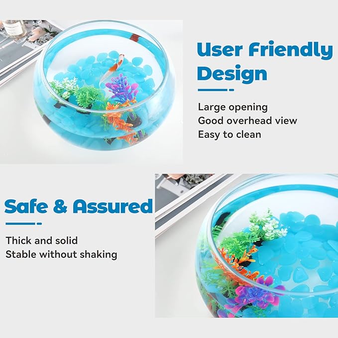 1 Gallon Glass Fish Bowl with Decor, Include Fluorescent Rocks & Colorful Plastic Trees, High White Glass for Clear View, Small Fish Bowl/Aquarium for Betta/Goldfish, Nice Home Décor