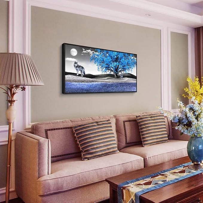 Frame Canvas Wall Art For Living Room Family Wall Decorations For Bedroom Modern Office Wall Decor Paintings Blue Tree Landscape Pictures Artwork Canvas Art Prints Home Decor Black Framed 24" X 48"