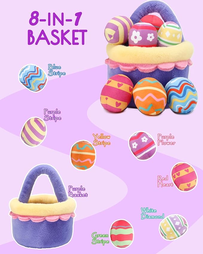 8 Piece Plush Stuffed Playset Toys with 7 Eggs, 1 Furry Bag, Soft Basket Set Sensory Toys for Girls Kids Ages 3+, Birthday Christmas Valentines Easter Party Favors Gifts
