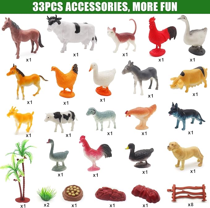 fisca Remote Control Tactor Toy Set & 33PSC Farm Vehicle Playset - Animal Figurines ,2.4GHz 1/24 Scale RC Tractor,Livestock Trailer, Fence with Light for Kids Age 4, 5, 6, 7 and Up Years Old