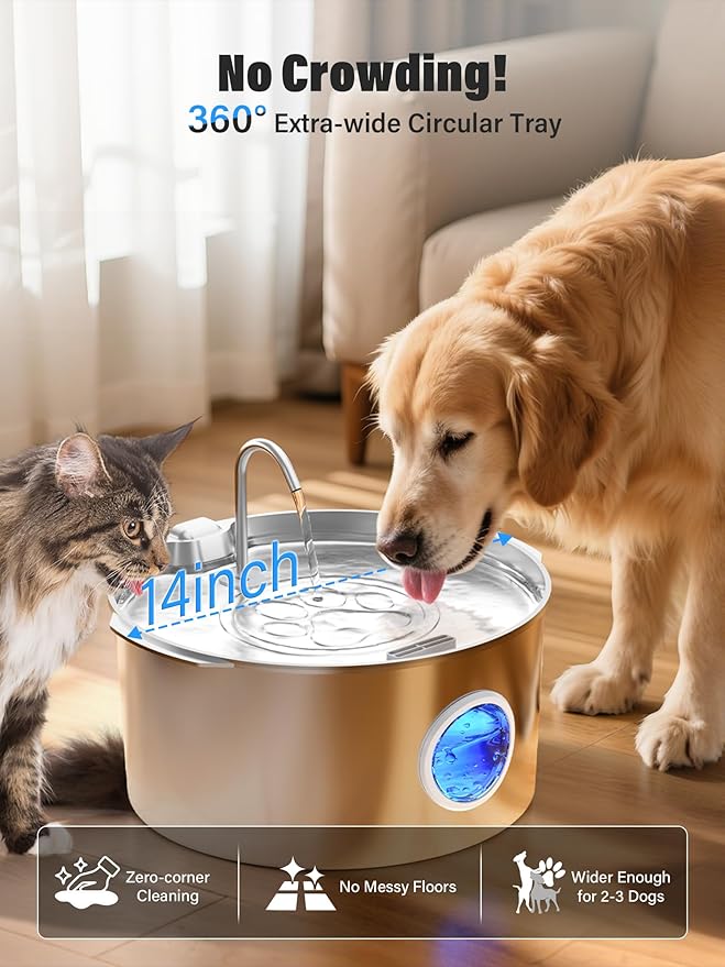 3.4Gal Dog Water Fountain for Large Dogs, Extra Large Stainless Steel Pet Water Fountain, Round Dog Water Bowl Dispenser with Metal Handle, Water Level Window, Supet Quiet Pump for Multi Pet Home