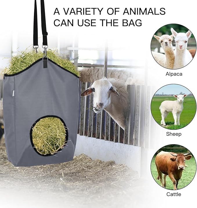 3 Packs Goat Hay Feeder,Hay Bags for Goats,Horses,Sheep,Premium 600D Oxford Cloth,with Metal Fastener and Adjustable Open Feed Hole for Slow Feeding. (1 Black+2Grey)