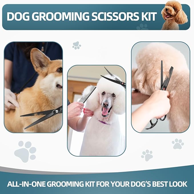 7.0" Professional Dog Grooming Scissors Kit – 3-Piece Set with Straight, Curved & Thinning Shears, Black Japanese Stainless Steel, Includes Grooming Comb for Dogs & Cats