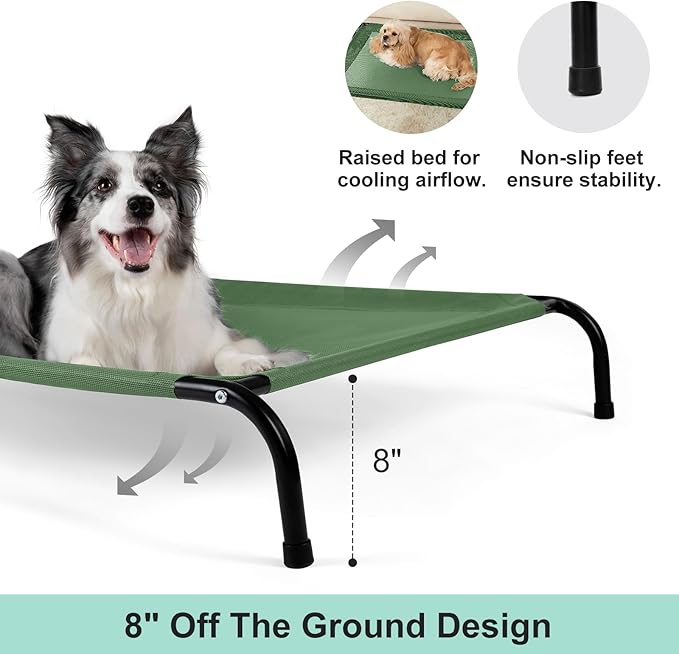 Cooling Elevated Dog Bed with Non-Slip Floor Protectors & Breathable Mesh, Raised Indoor & Outdoor Dog Cot Hammock, 34" L x 25" W x 8" Th, Small, Green