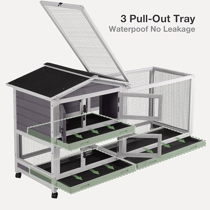 2-Story Indoor Rabbit Hutch with Chew-Proof Outdoor Rabbit Cage with 6 Locking Casters Bunny Cage 2 Pull-Out Trays Guinea Pigs Cage 62"