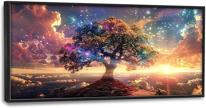 Tree Sunrise Large Wall Art Tree of Life Pictures Foggy Mountain Landscape Wall Starlight Nature Decor Canvas Print Painting Artwork for Bathroom Living Room Bedroom 60L" x 30W"