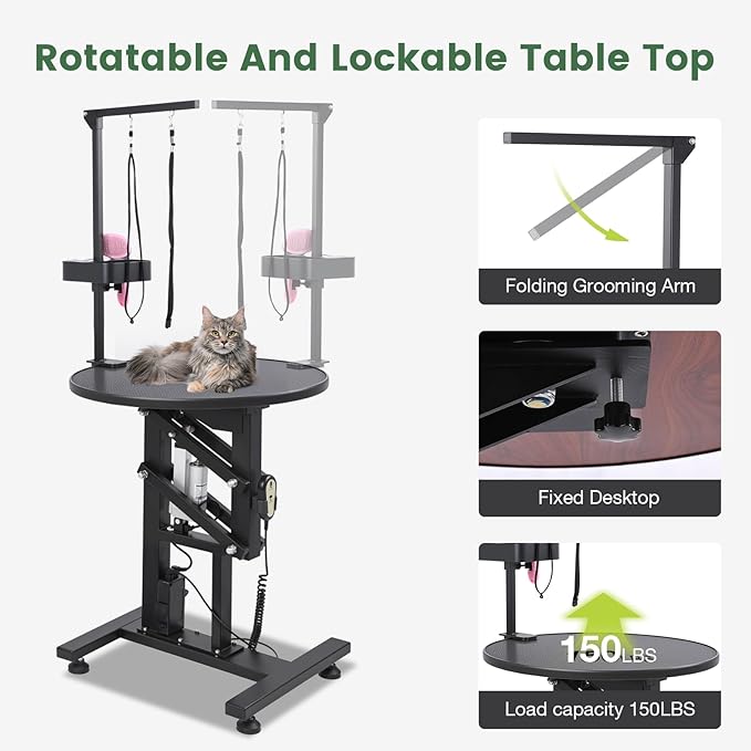 Electric Hydraulic Lift Pet Dog Grooming Table, 24Inch 360° Rotating Grooming Desktop for Small Dogs, with Overhead Arm, Wireless Remote, Tool Organizer, Black