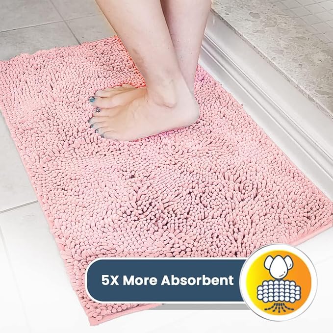 Muddy Mat® AS-SEEN-ON-TV Highly Absorbent Microfiber Door Mat and Pet Rug, Non Slip Thick Washable Area and Bath Mat Soft Chenille for Kitchen Bedroom Indoor and Outdoor - Light Pink 24" x 96"
