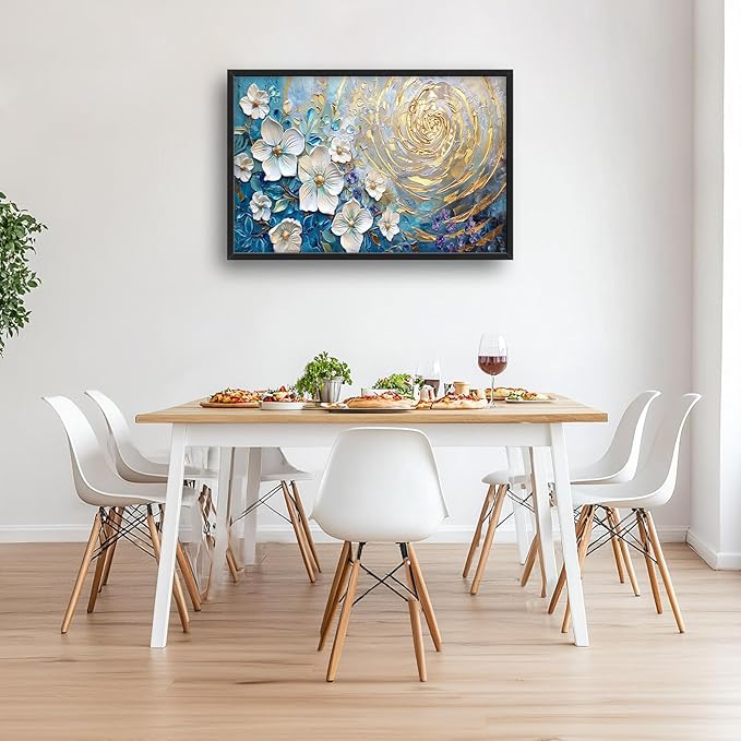 Flower Large Wall Art White Floral Pictures Abstract Golden Spiral Texture Wall Decor Canvas Print Painting Artwork for Bathroom Living Room Bedroom 36L" x 24W"