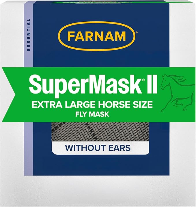 Farnam SuperMask II Fly Mask Without Ears for Larger Horses, Full Face Coverage and Eye Protection from Insect Pests, Structured Classic Styling Mesh with Plush Trim, XL Size