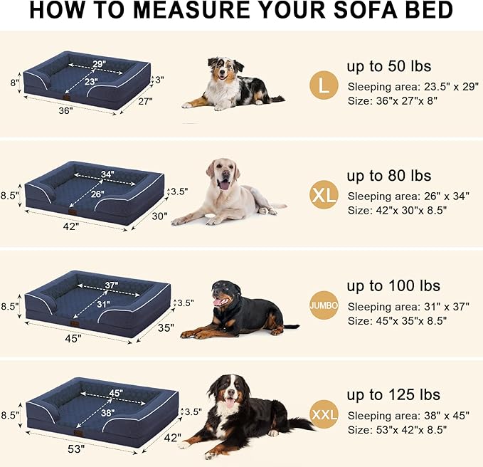 Orthopedic Dog Beds, Waterproof Memory Foam Large Sized Dog Bed with Sides, Non-Slip Bottom and Egg-Crate Foam Big Dogs Beds with Removable Washable Cover(Large,Navy Blue)