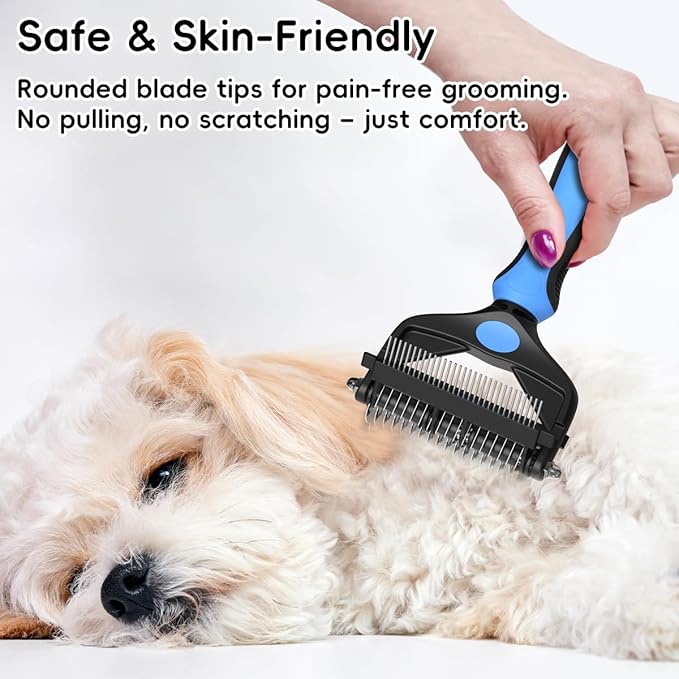 3-in-1 Pet Deshedding Tool – Grooming Brush for Dogs & Cats with Undercoat Rake & Dematting Comb (Blue)