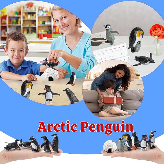 11PCS Penguin Toys, Plastic Arctic Animal Penguin Figures for Kids, Realistic Polar Animals Penguin Figurines Set with Igloo Model, Cake Topper Winter Miniature Toys Decoration