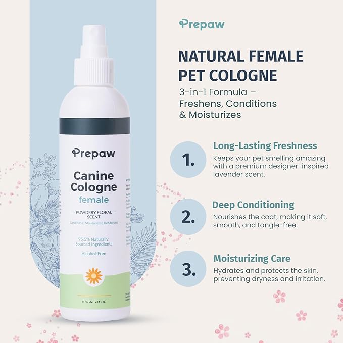 Natural Pet Cologne - Powdery Floral Scent, 3-in-1 Deodorizing, Conditioning & Moisturizing Spray for Dogs & Cats - Long Lasting. Daily Use, 8 fl oz (Female Pet)