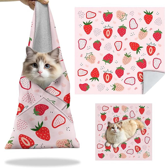 27.6" Cat Grooming Wrap, Self Adhesive Cat Wrap for Cutting Nails, Anti-Escape Calming Cat Swaddle Wrap for Medicine Ear Cleaning, Strawberry Anti-Scratch Cats Burrito Restraint Blanket, Pet Tool
