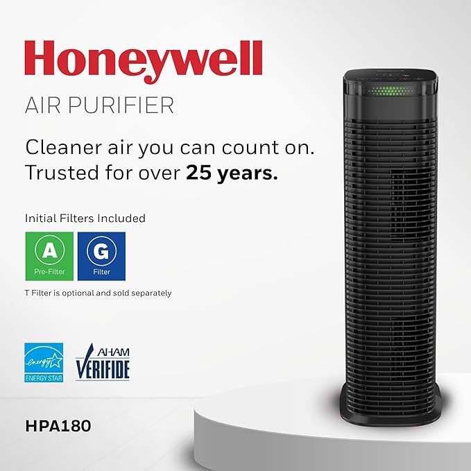 Honeywell HEPA Air Purifier for Home, 990 Ft² Rooms in 1 hour, Auto Mode, Air Quality Indicator, Reduces Dust, Pollen, Pet Dander, All Smoke Types, Odors, Black, HPA180B