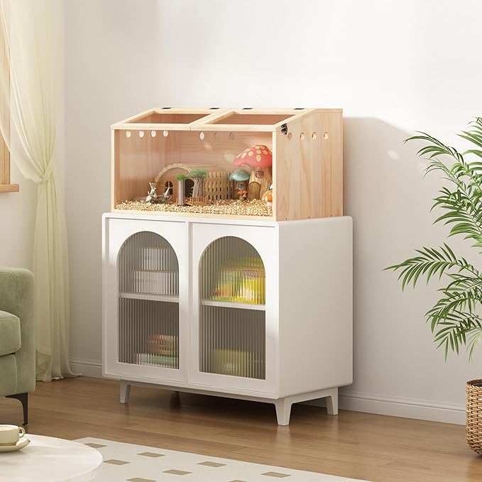 COZIWOW Wooden Hamster Cage, Large Hamster Habitats Enclosure with Acrylic Window & Openable Top, (32" L x 16" W x 16" H) Small Animal Cage for Guinea Pig, Chinchilla, Gerbil
