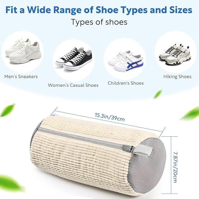 Shoe Bag for Washing Machine, Sneaker Cleaning Bag 2 PCS Set Pearl White, Fluffy Fiber Inside, Large Size Shoe Washing Machine Bag, 360 Laundry Bag for Tennis Gym Running Trainers Hiking