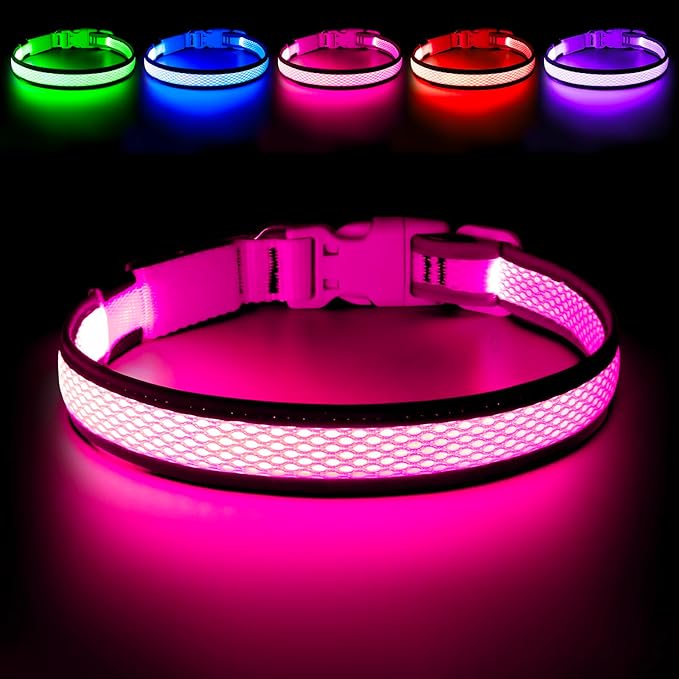 Flashseen LED Dog Collar, Light Up Dog Collar USB Rechargeable, Brightest Dog Lights for Night Walking, Adjustable Dog Collar Light for Dog Safety(Small, Candy Pink)
