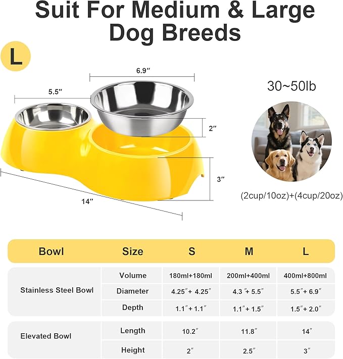 Elevated Dog Bowls Set - Non-Slip Raised Pet Feeder with Medium (2 Cups) & Large (4 Cups) Stainless Steel Bowls - Includes Durable Resin Stand for Puppies, Adult Dogs & Cats - Yellow