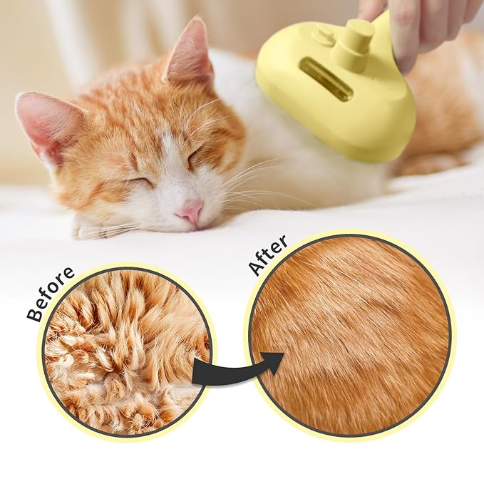 3 In 1 Steamy Brush with Release Button and Tank, Anti-Static Pet Brush for Long and Short Hair Pets to Remove Tangles and Loose Fur (Yellow)