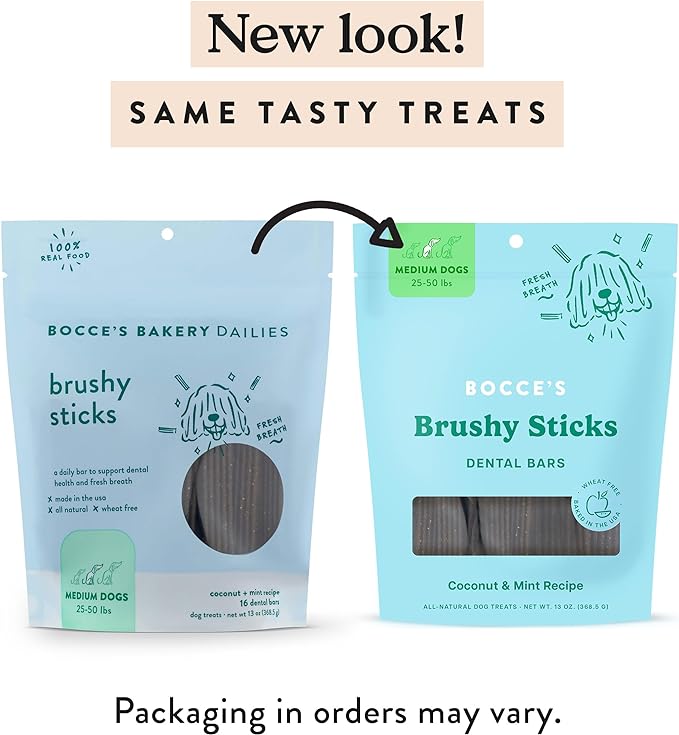 Bocce's Bakery Dailies Brushy Sticks to Support Oral Health & Fresh Breath, Wheat-Free Dental Bars for Dogs, Made with Real Ingredients, Baked in The USA, All-Natural Coconut & Mint, Medium Dogs