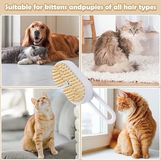 Cat Steam Brush for Shedding,4 in 1 Pet Spray Hair Removal Comb,Anti-Static,Type-c Rechargeable,Self-Cleaning,Grooming,Massage,360°Rotating Arm for Easy Storage,Suitable for All Pets(White)