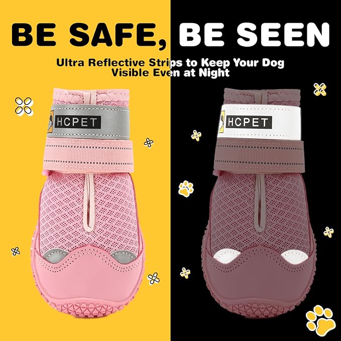 Hcpet Dog Shoes for Large Dogs, Breathable Dog Booties for Small Medium Dogs, Anti-Slip Dog Boots & Paw Protectors for Hot Pavement Winter Snow Hiking with Reflective Straps Pink Size 1