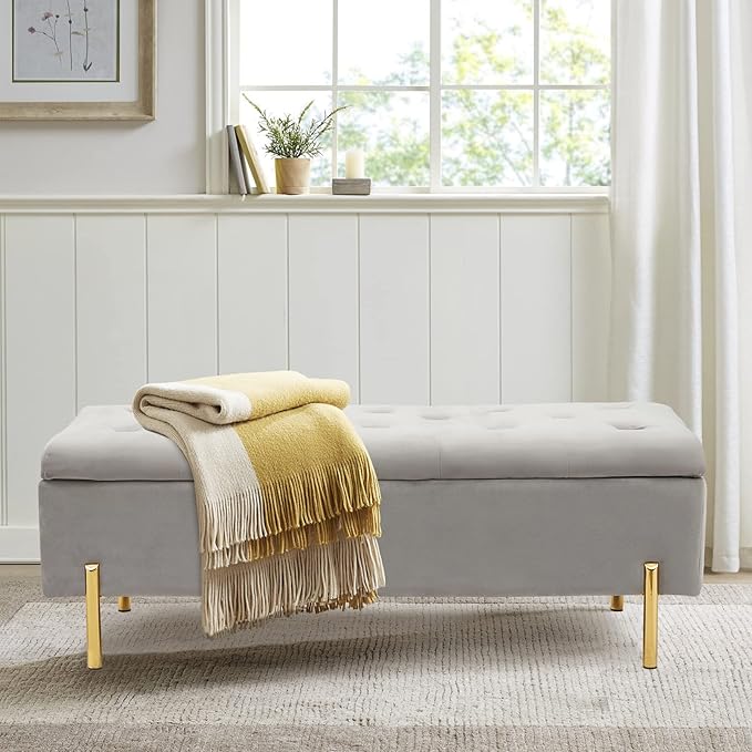 Velvet Storage Bench Ottoman with Soft Close Lid, End of Bed Bench Upholstered Fabric Storage Ottoman Bench for Bedroom Entryway Living Room, Grey
