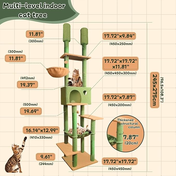 96.5"-108" Cat Tree Floor to Ceiling 7-Tier Cat Tower Adjustable Height with Scratching Posts, Cozy Hammock, Cat Condo for Indoor Cats(Green)