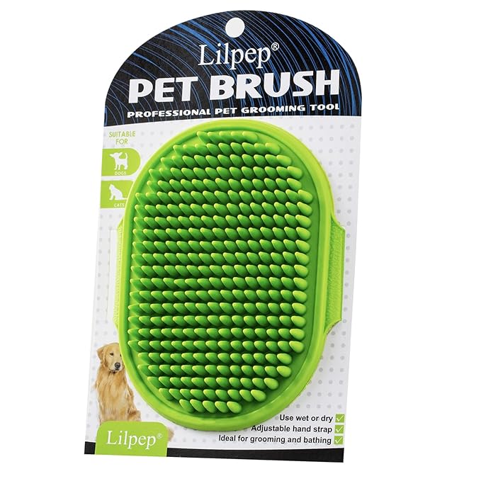 Dog Grooming Brush, Lilpep Pet Shampoo Bath Brush Soothing Massage Rubber Comb with Adjustable Ring Handle for Long Short Haired Dogs and Cats (Green, pack of 1)