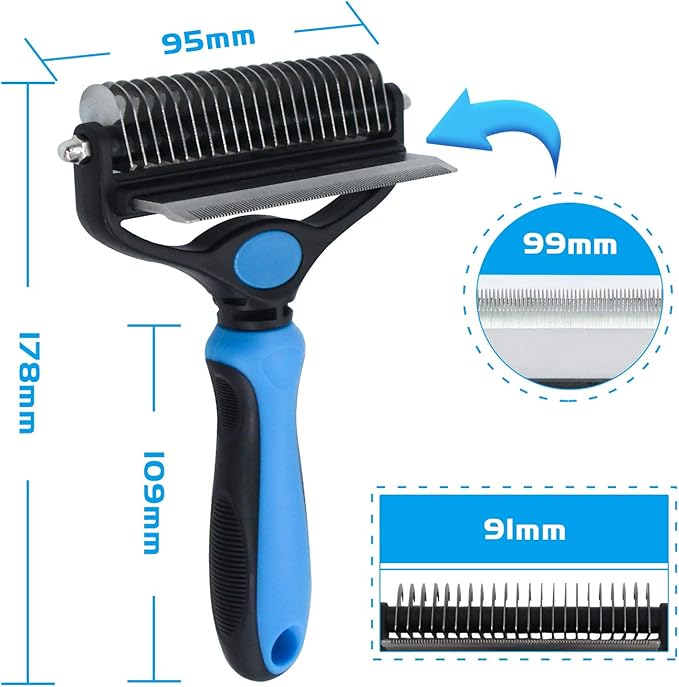 Pet Grooming Tool - 2 Sided Undercoat Rake for Cats & Dogs - Safe Dematting Comb for Easy Mats & Tangles Removing