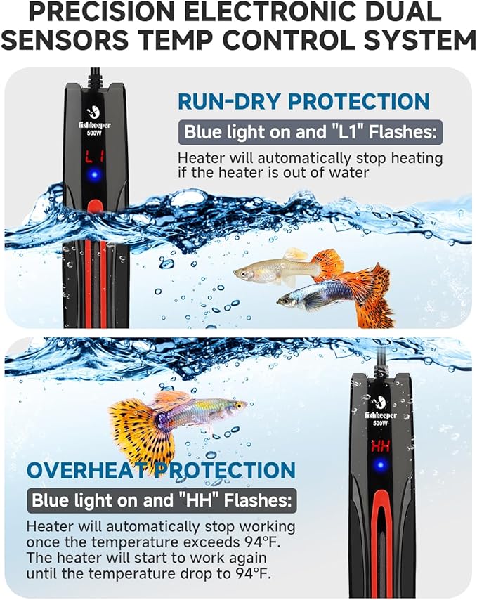 fishkeeper 500W Submersible Aquarium Heater for 65-120 Gal Fish Tanks (Run-Dry/Overheat/Low-Temp Protection)(Precision Electronic Smart Thermostat)(Adjustable Temperature) Ultra-Safe Fish Tank Heater