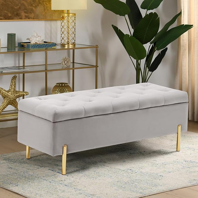 Velvet Storage Bench Ottoman with Soft Close Lid, End of Bed Bench Upholstered Fabric Storage Ottoman Bench for Bedroom Entryway Living Room, Grey