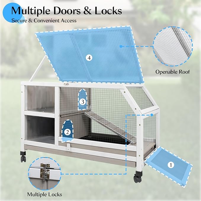 36''L Rabbit Hutch Outdoor with Casters and Run, Wooden Indoor 2 Story Guinea Pig Cage with Divider Panel, Pull Out Tray, Rabbit Duck Bunny House for Small to Medium Animals and Pet Lover, Gray