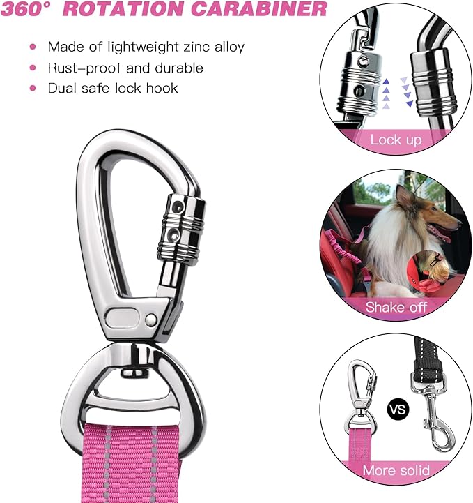 AUBELL Dog Seat Belt for Car,2 Pack Set 3-in-1 Adjustable Reflective Bungee Heavy Duty Dog Car Harness Tether with Clip Hook Latch & Buckle,Swivel Zinc Alloy Carabiner,Black+Hotpink